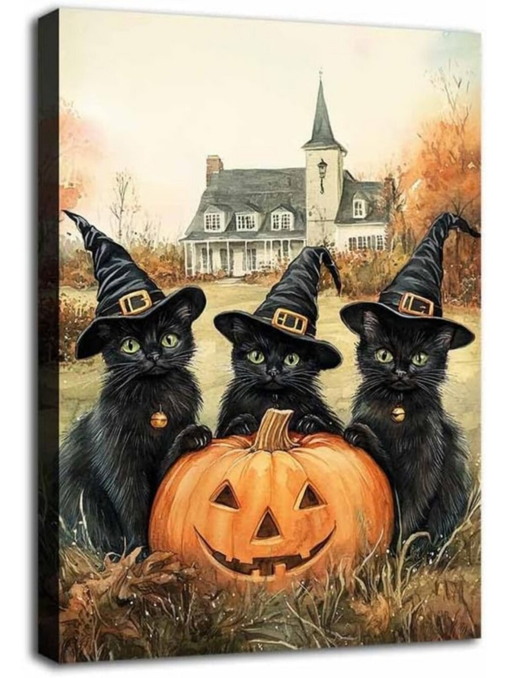 Spooky Black Cat Witch Hat Canvas Art | Halloween Pumpkin Wall Decor 24x36